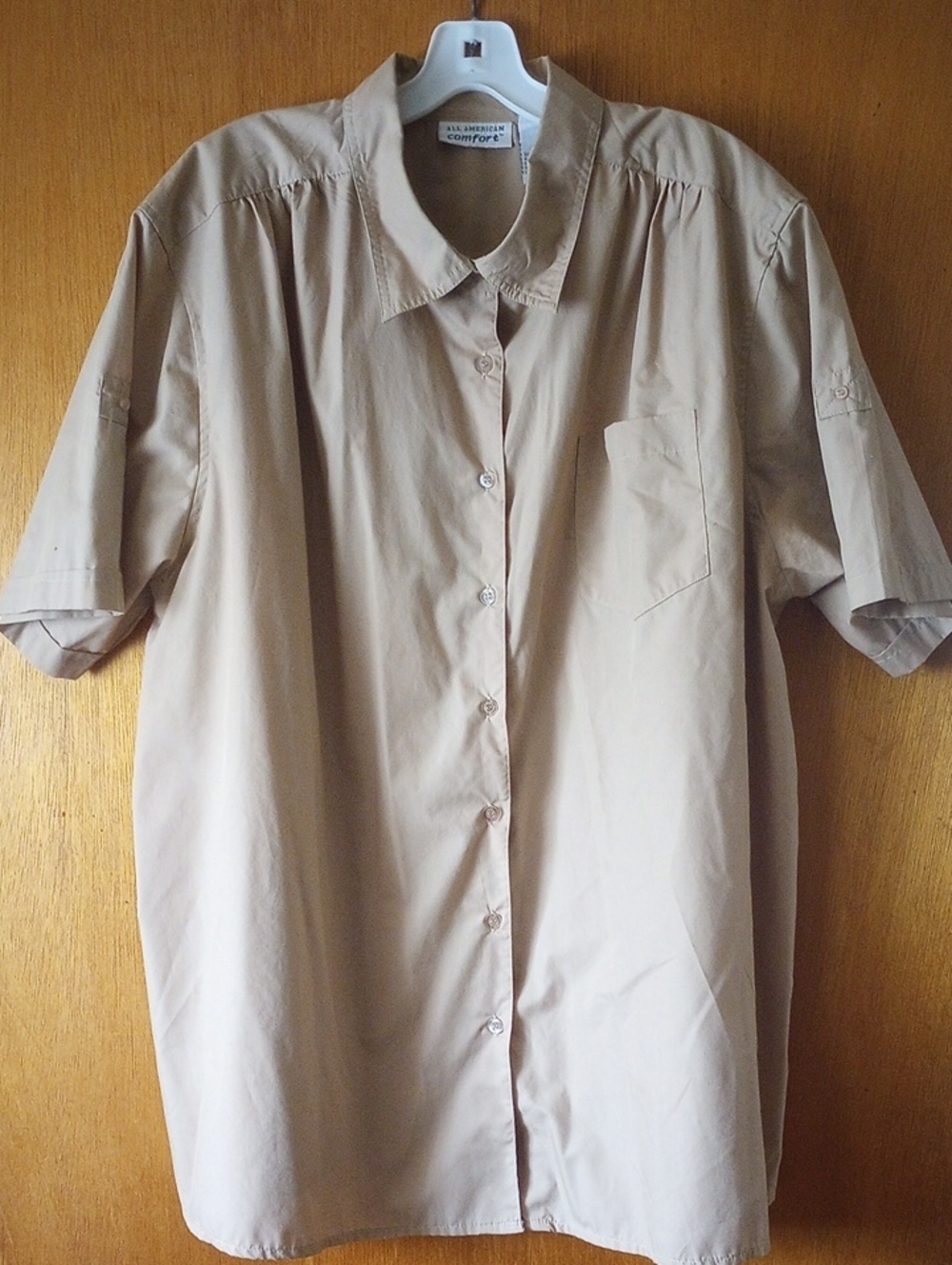 All American Comfort Sz 1X Tan Button Down Summer Top w/ Collar & Short Sleeves
